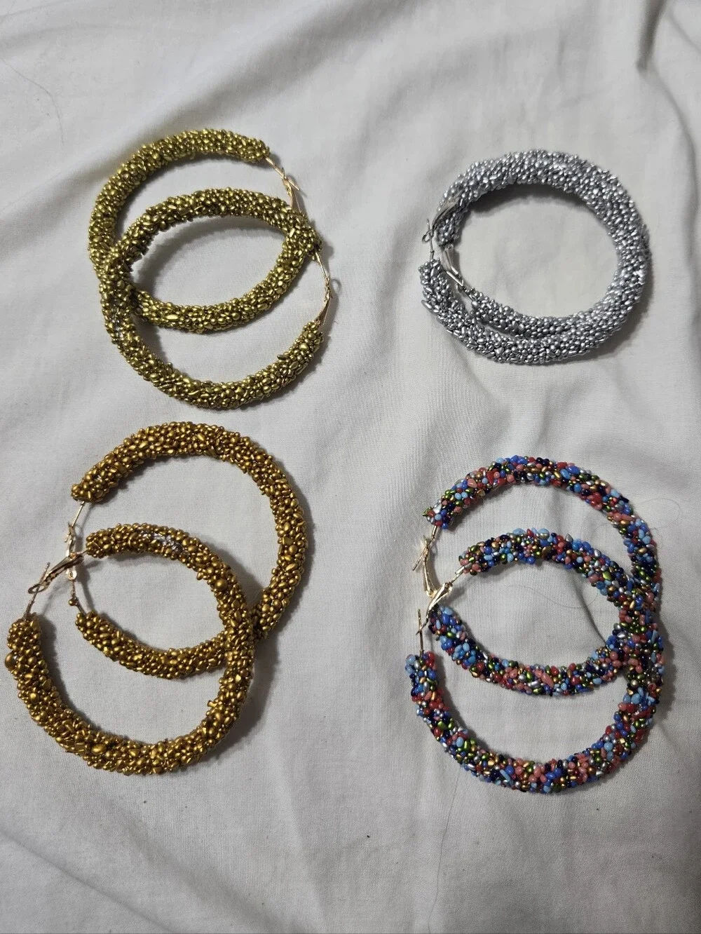 Set Of 4 Large Hoop Beaded Earrings Silver, Gold, Multicolor, Bronze